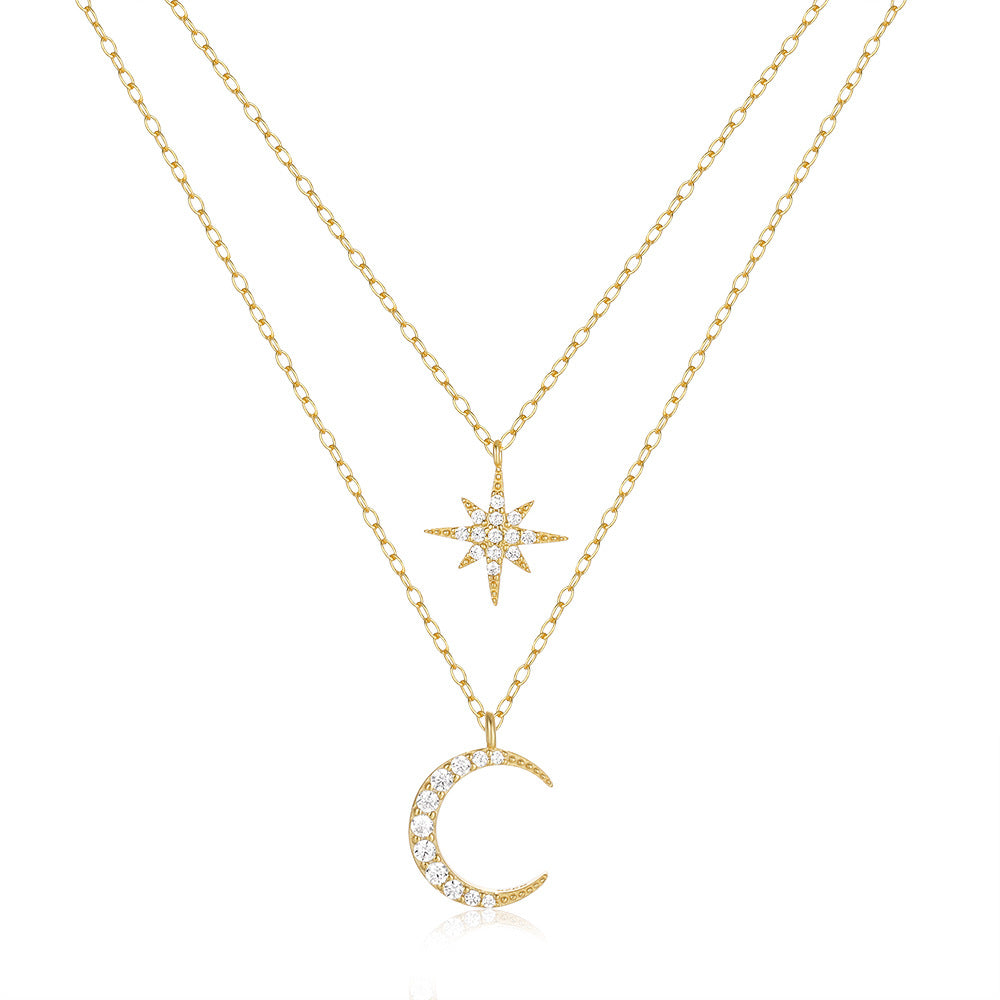 Women's S925 Sterling Silver Double Layer Twin Diamond Star And Moon Necklace - Carvan Mart