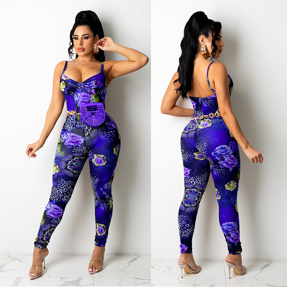 Women's Mesh Printed Jumpsuit Trousers - Carvan Mart