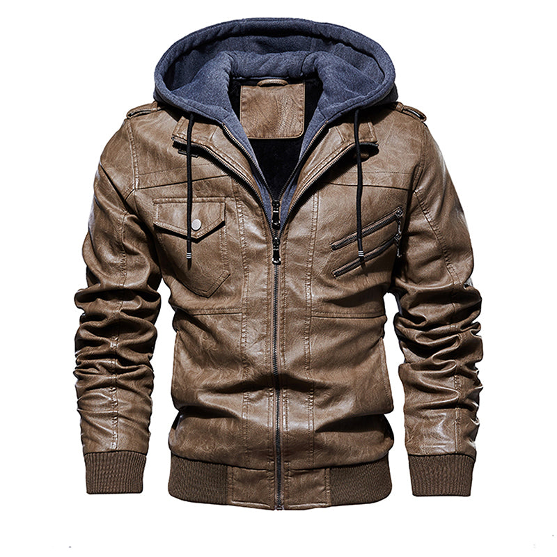 Men Hooded Leather Jacket Thick Motorcycle Windproof Casual Winter Jacket - Khaki - Genuine Leather - Carvan Mart