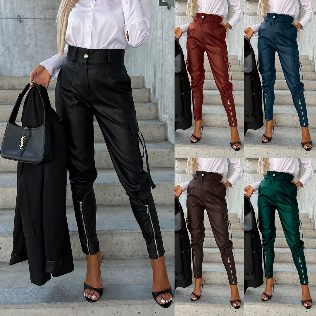 High-Waisted Leather Cargo Pants - Trendy Slim Fit with Zipper Pockets - - Pants & Capris - Carvan Mart