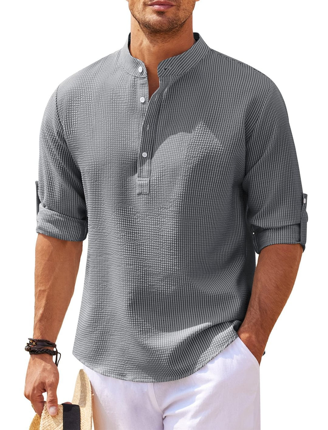 Men's Casual Long Sleeve Stand Collar Solid Color Shirt - Carvan Mart