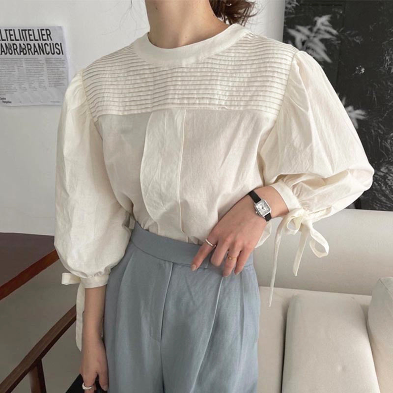 Round Neck Pleated Design Loose Bow Lace-up Lantern Sleeve Shirt Top - White Average Size - Winter Tops - Carvan Mart