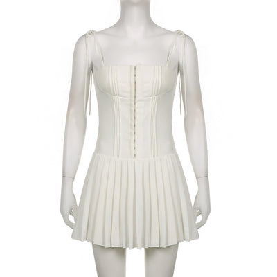 Coquette Dress Women's Versatile Casual Waist Pleated Mini White Dress - Carvan Mart