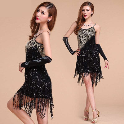 Sparkling Female Latin Dance Dress with Fringe - Black - Prom Dresses - Carvan Mart