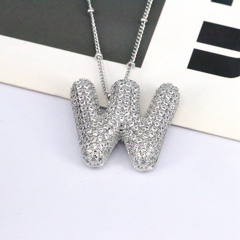 Brass Zircon Bubble Balloon Letter Pendant Necklace For Women - Silvery W - Necklaces - Carvan Mart