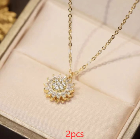 Rotatable Sunflower Necklace Full Of Diamonds Necklace - Gold 2PCS - Necklaces - Carvan Mart