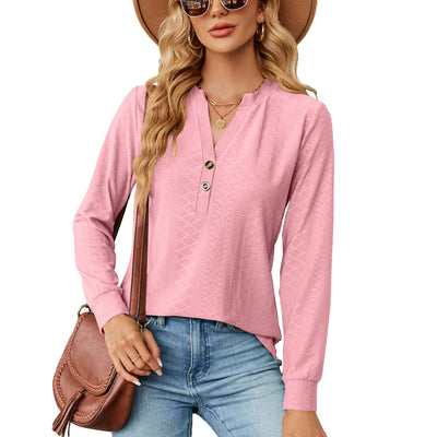 Relaxed-fit V-neck Tees Solid Color Button Jacquard Loose Long Sleeve Top - Pink - Winter Tops - Carvan Mart