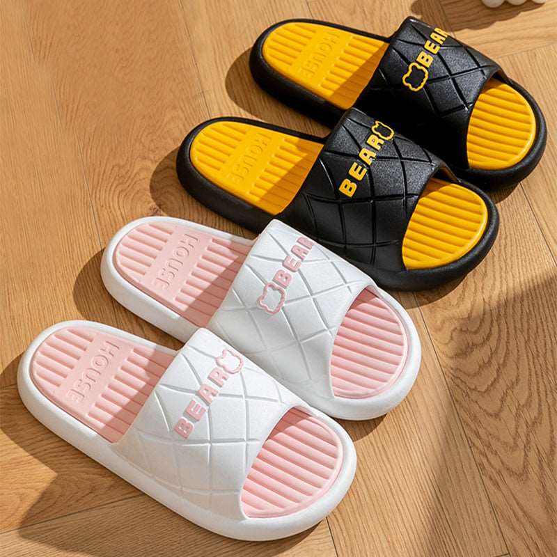 Bear House Shoes Anti-slip Striped Lozenge Texture Slippers For Women - Carvan Mart