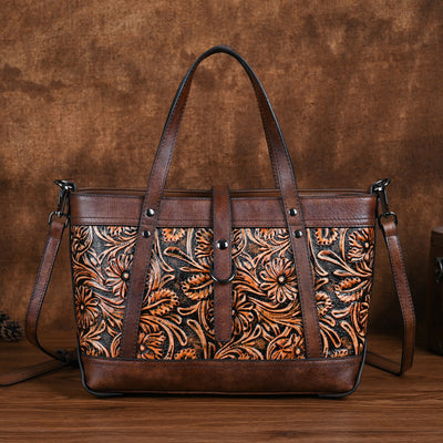 Genuine Leather Hand Carved Bag Engraved Vegan Leather Handbag - - Shoulder Bags - Carvan Mart