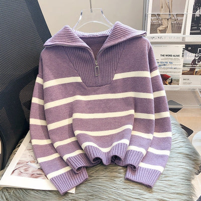 Korean Style Loose Fashion Zipper Striped Sweater - Purple Free Size - Sweaters - Carvan Mart