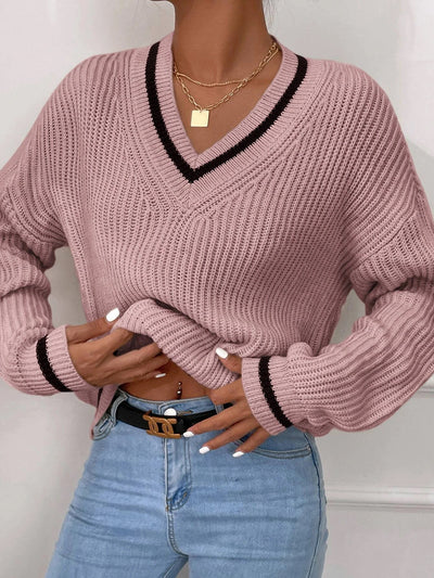 Winter Women's Clothes Cable Knit V Neck Sweaters Casual Long Sleeve Striped Pullover Sweater Trendy Loose Preppy Jumper Top - Carvan Mart