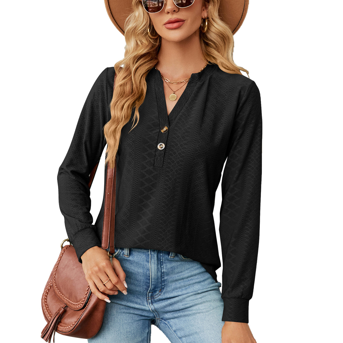 Relaxed-fit V-neck Tees Solid Color Button Jacquard Loose Long Sleeve Top - Carvan Mart