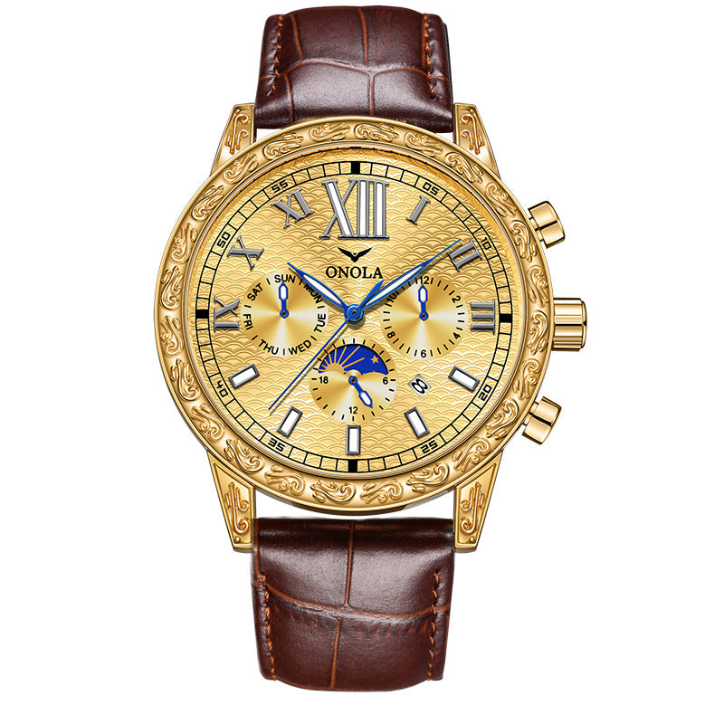 Stylish And Versatile Automatic Mechanical Leather Watch - Gold Surface Brown Belt - Men's Watches - Carvan Mart