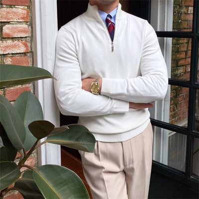 Men's Stand-up Collar Zipper Knit Long-sleeved Sweater - White - Men's Sweaters - Carvan Mart