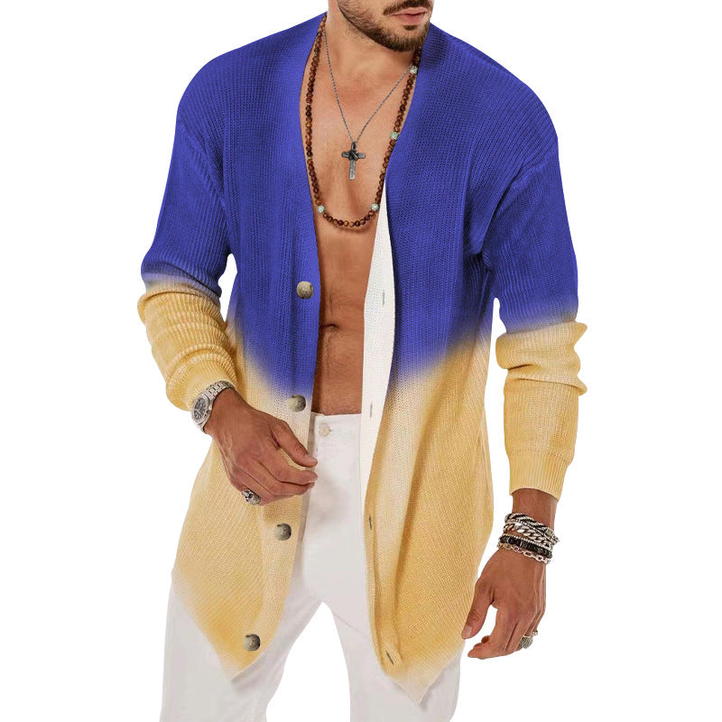 Men's Fashion Tie Dyed Five Color Long Sleeved Cardigan - Treasure Blue - Men's Sweaters - Carvan Mart