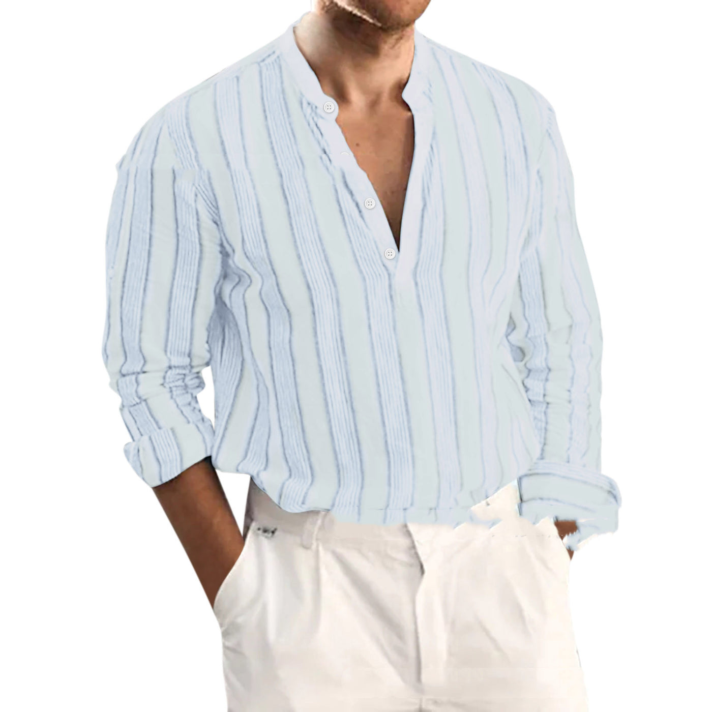 Sophisticated Striped Shirt Men's Long Sleeve Stand Collar Loose Shirt - - Men's Shirts - Carvan Mart