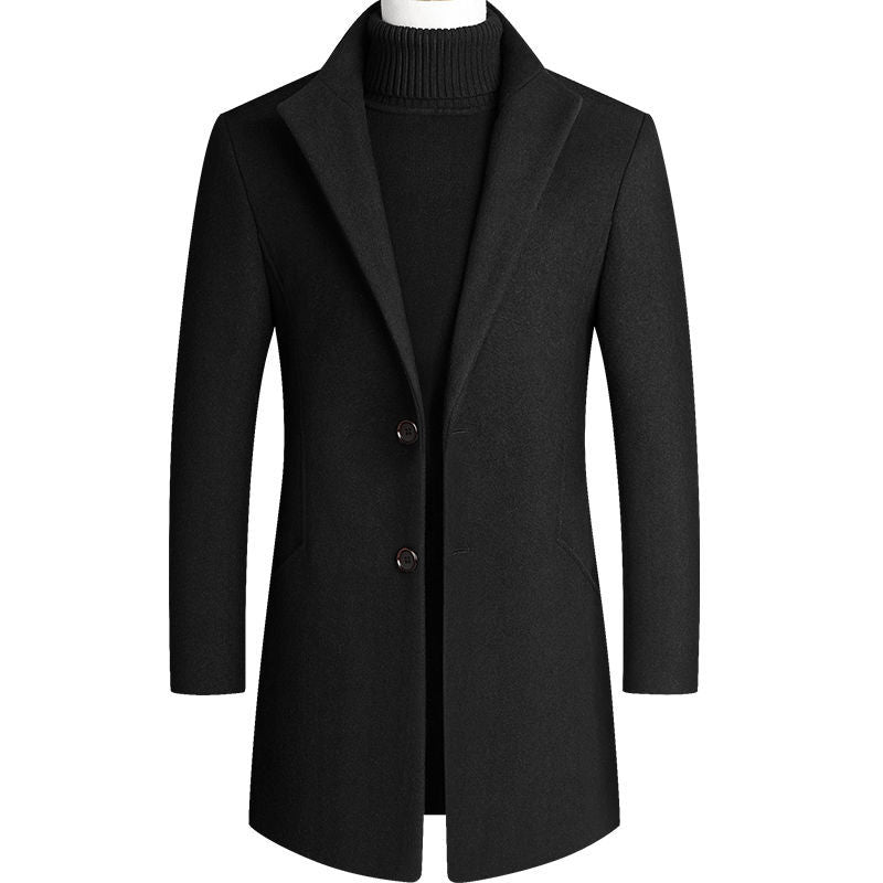 Men's Wool Coat Medium Length Leisure Suit Coat - Black - Men's Jackets & Coats - Carvan Mart