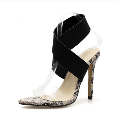 Stylish Snakeskin Pointed Toe Stiletto Heels with Cross Strap Design - Carvan Mart