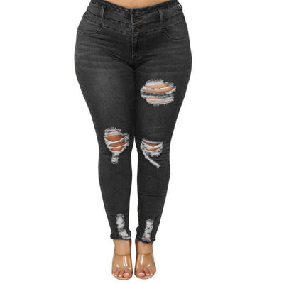 Curvy Women High Waist Ripped Plus Size Jeans - Flattering Fat Jeans Pant - Black - Women's Jeans - Carvan Mart