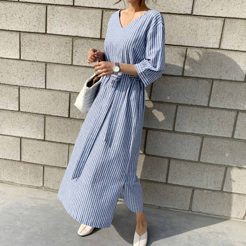 Maxi Dress Striped Cotton Linen Women Clothes - Carvan Mart