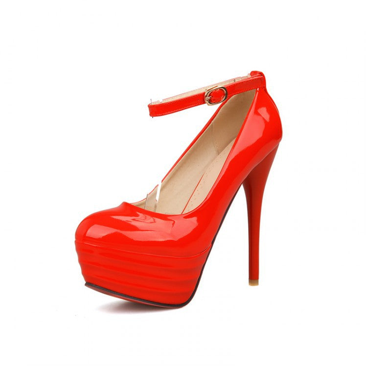 Women Pumps Round Toe Platform Thin Shiny Ladies Party High Heel Sandals - Red - High Heels - Carvan Mart