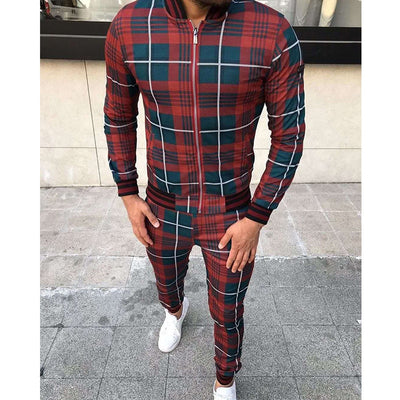 Men's Leisure Suits Tracksuits Grid Two-piece Patchwork Zipper Tracksuits Sportswear Sets - Red - Men Suits & Sets - Carvan Mart