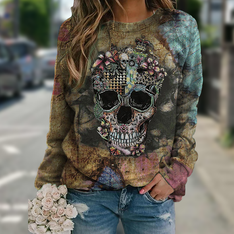 Long sleeve skull print sweatshirt - - Women Hoodies & Sweatshirts - Carvan Mart