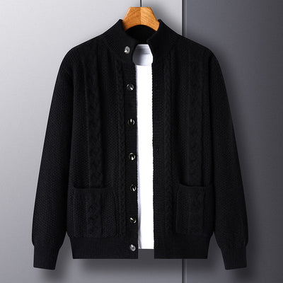 Thick Knit Cardigan Retro Jacquard Loose-fitting Sweater Jacket - Black - Men's Sweaters - Carvan Mart