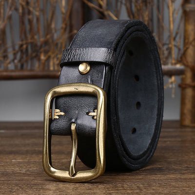 Men's Cowhide Vintage Distressed Pleated Brass Buckle Belt - Carvan Mart