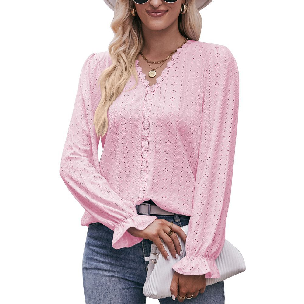 Fashion Lace V-neck Long Sleeve Top - Carvan Mart