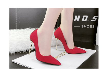 Women's Pointed Black High Heel Shoes Stiletto Metal Bow Banquet - Red - High Heels - Carvan Mart