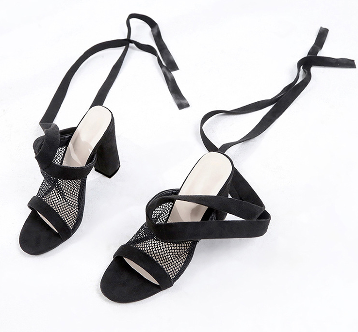 Women Sandals Bandage Flock Cross Strap Lace Up Black High Heels Shoes - Carvan Mart