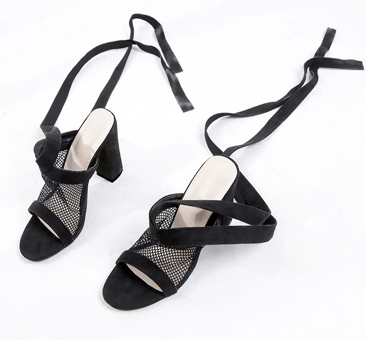 Women Sandals Bandage Flock Cross Strap Lace Up Black High Heels Shoes - - High Heels - Carvan Mart