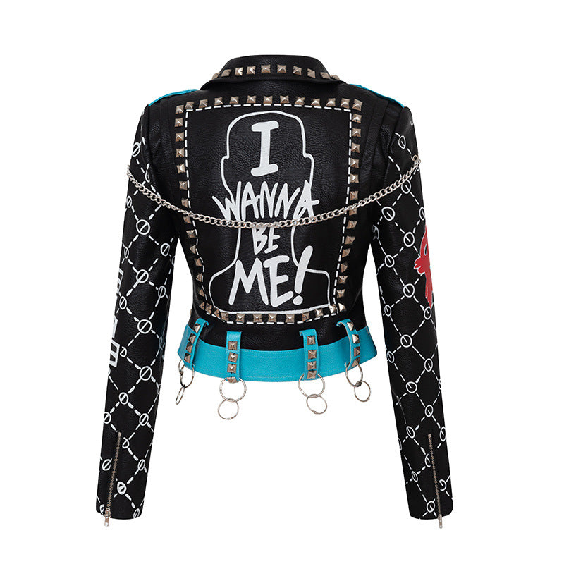 Graffiti Print Jacket Embellished Women's Leather Moto Jacket - - Leather & Suede - Carvan Mart