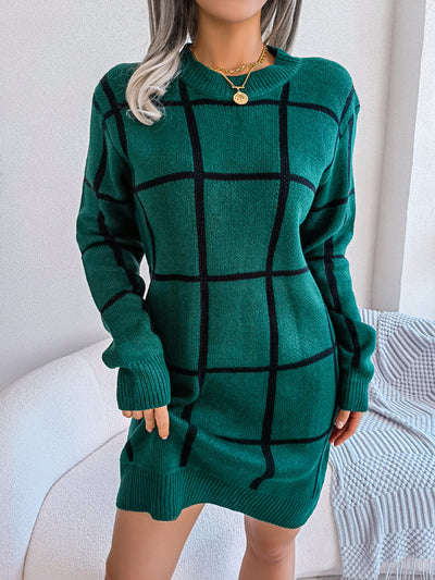 Women's Casual Dress Contrast Color Plaid Long Sleeve Base Sweater Dress - Carvan Mart