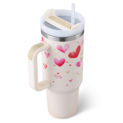 Valentines Day Gift Thermal Mug Straw Coffee Insulation Cup With Handle Portable Car Water Bottle Thermal Mug - Pink love B 1200ML - Gift - Carvan Mart