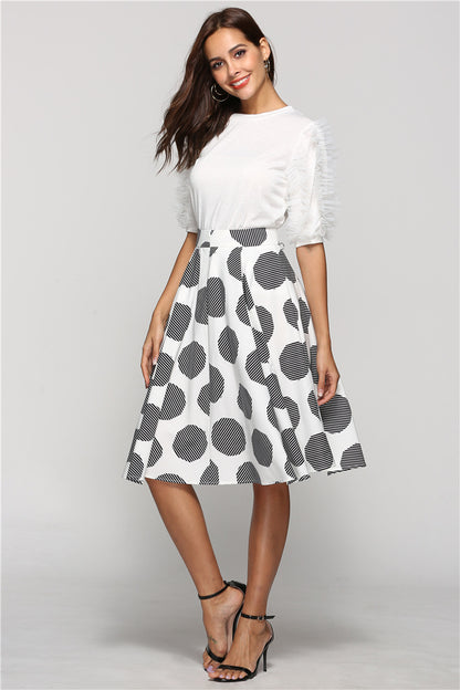 Large Polka Dot Round Slim Fit Mid-Length Skirt With Large Hem - Carvan Mart Ltd