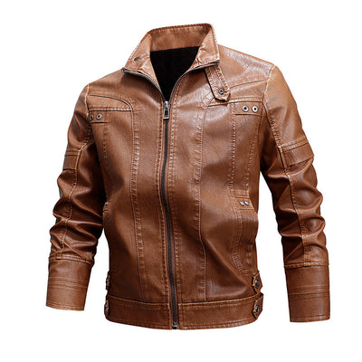 Men's Fashion Loose Lapel Leather Coat - Khaki - Genuine Leather - Carvan Mart