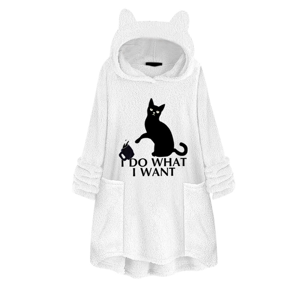 Hooded Pullover Cat Print Long Sleeved Reversible Velvet Sweater - White - Women Hoodies & Sweatshirts - Carvan Mart