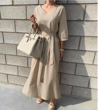 Maxi Dress Striped Cotton Linen Women Clothes - Carvan Mart