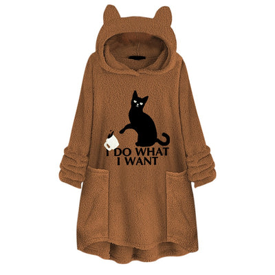 Hooded Pullover Cat Print Long Sleeved Reversible Velvet Sweater - Carvan Mart