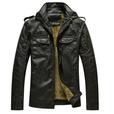 Leather Jacket Plus Velvet Washed Retro Leather Jacket - Coffee - Genuine Leather - Carvan Mart