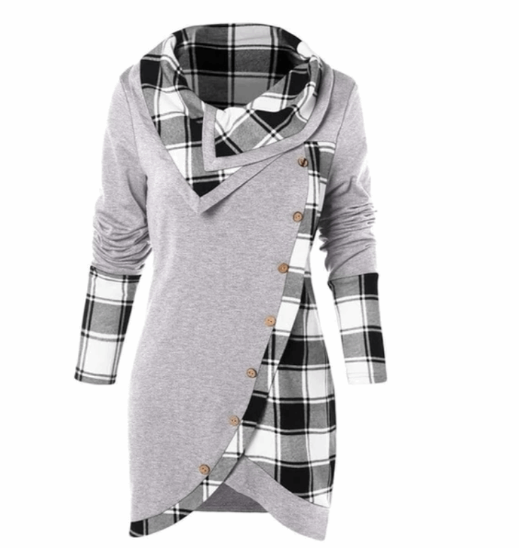 Women's Plaid Button-Up Hooded Sweatshirt - Cozy and Stylish Plaid Hoodie for All Seasons - Light Grey - Tops & Tees - Carvan Mart