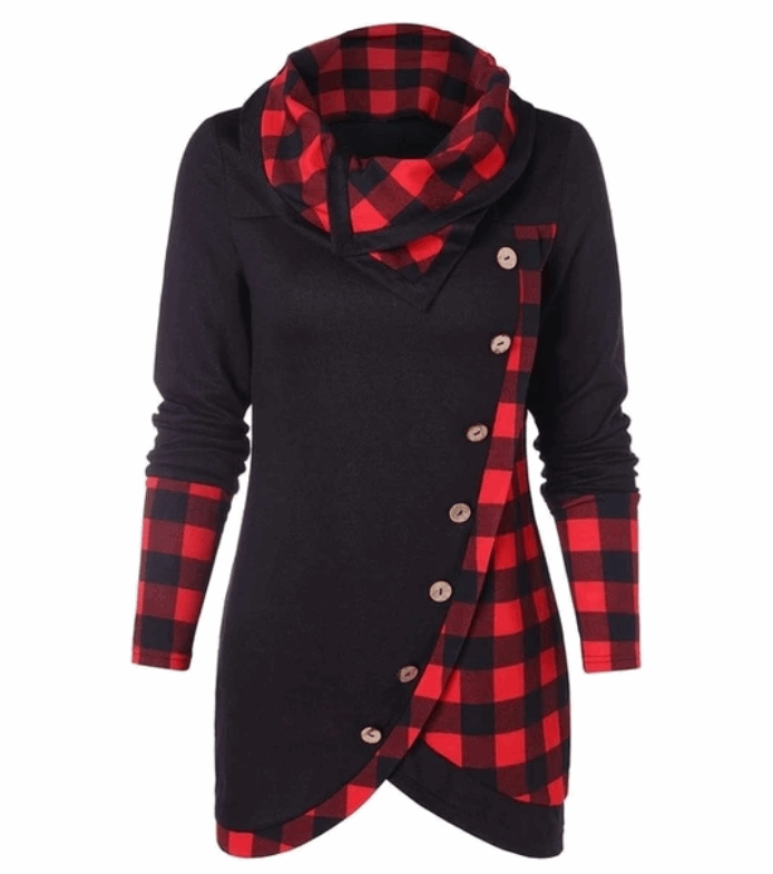 Women's Plaid Button-Up Hooded Sweatshirt - Cozy and Stylish Plaid Hoodie for All Seasons - Black - Tops & Tees - Carvan Mart