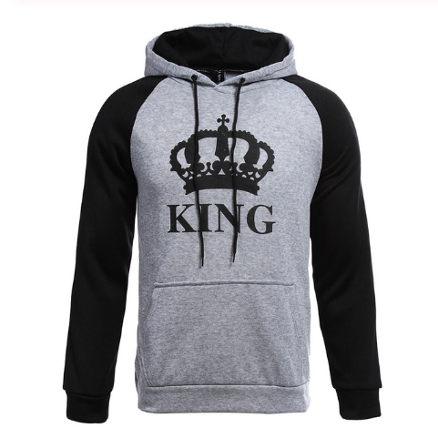 Printed Hooded Couple Sweatshirt - Grey KING - Women Hoodies & Sweatshirts - Carvan Mart