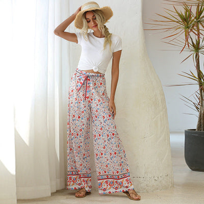 Women’s Palazzo Pants Floral Genome Print Elastic High Waist - - Pants & Capris - Carvan Mart