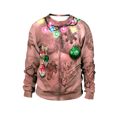 Navel Hair 3D Digital Printing Pullover Round Neck Sweater - Pink - Men's Hoodies & Sweatshirts - Carvan Mart