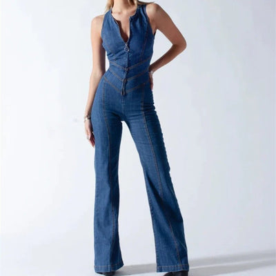 Denim Jumper Slim Fit Hollywood Heartthrob Street Retro Style High Waist Jumpsuit - - Jumpsuits & Rompers - Carvan Mart