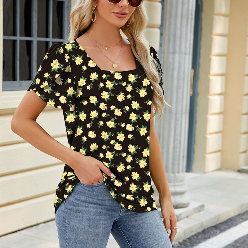 Bohemian Summer Top Square Neck With Petal Sleeve Design Women's T-shirt - Carvan Mart