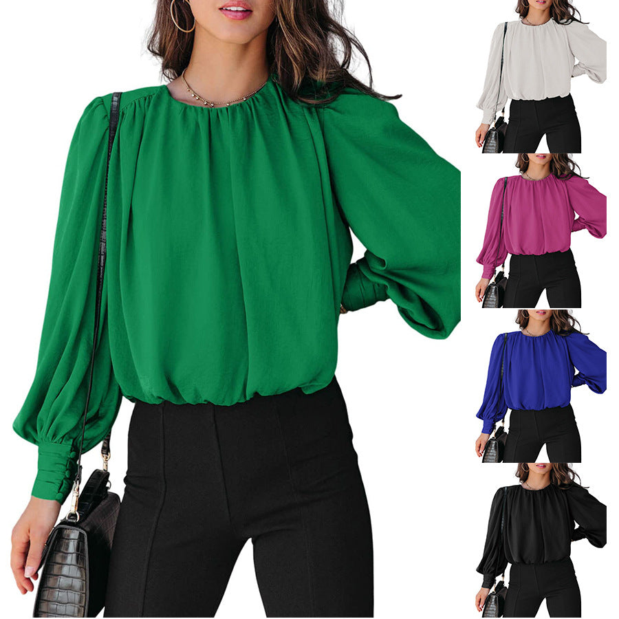 Women's Blouse Solid Color Round Neck Long Sleeve - - Blouses & Shirts - Carvan Mart